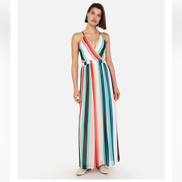 NWT Express Striped Surplice Lace-Up Back Maxi Dress in Multicolor Stripe - Picture 1 of 14
